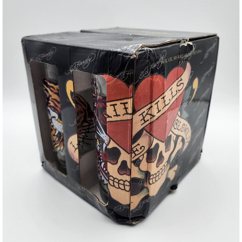 Ed Hardy Pilsner Glasses Set Of 4 Love Kills Slowly New In Box Tiger‎